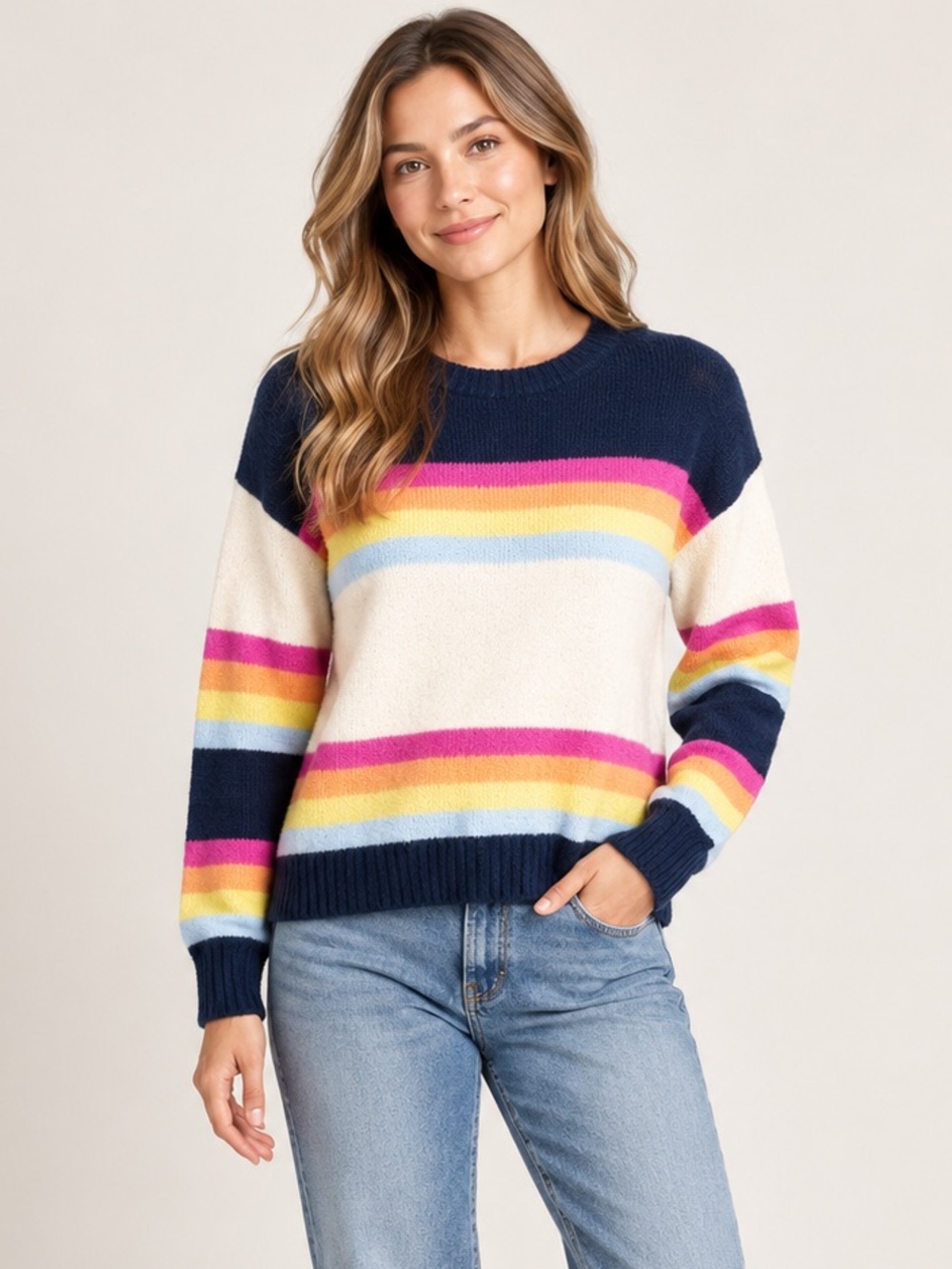 Sundry Rainbow Stripe Knit Sweater Size 1 Navy Ivory Multicolor